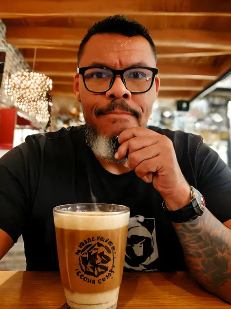 guttonerdvision10, Theres a man with glasses and a beard holding a glass, aboriginal australian hipster, with nerdy glasses and goatee, with glasses and goatee, posing in coffee, enjoying coffee at a coffee shop, portrait of morning coffee, drinking a coff...