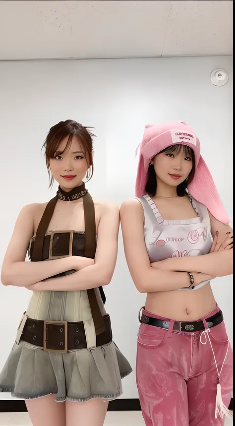 two asian women in costumes standing next to each other