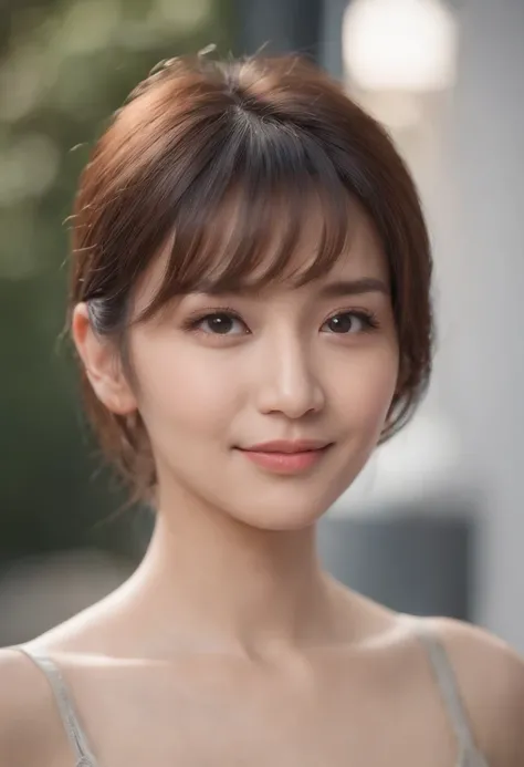 Portrait of the head of a girl，Short hairstyle，Refreshes the mood，ssmile，Bright eyes，Lens effects，Large chest eyes，Office style，Beautiful Asian woman appearance。