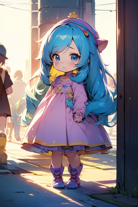 Chibi Girl, blue hair, intensely detailed, Childrens dress in a soft pink shade, pastel colours, Duck cap on his head, straight hair, long bangs, yellow boots, stocklings, Detailed street, Sun light