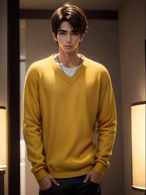 1 young man , sweater yellow  ,medium straight hair , handsome, masterpiece , 4k , photorealistic , 70mm lens  , masterpiece, photoshoot ,backgound black , good looking, no light , focus ,dim light ,