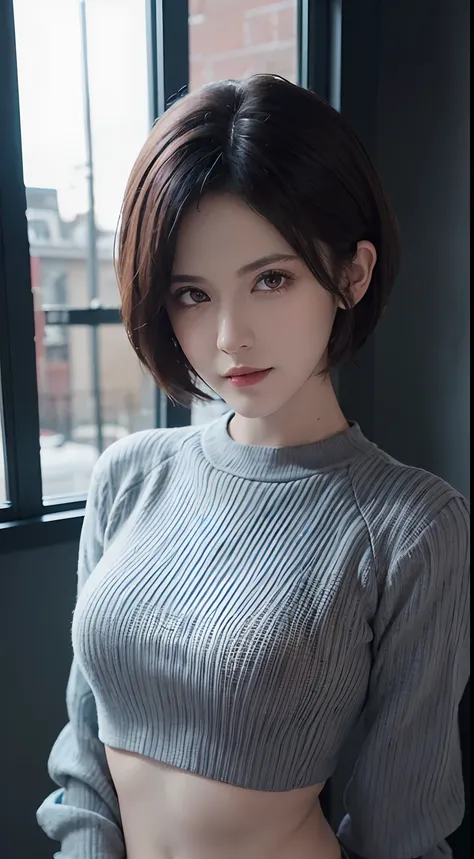 (masuter piece:1.3)、(8k、Photorealsitic、RAW Photography、top-quality: 1.4)、(1girl)、beautiful countenance、(lifelike face)、(A dark-haired、short-hair:1.3)、Beautiful hairstyle、realisticeyes、Beautiful details、（real looking skin）、Beautiful skins、（Sweaters）、absurde...