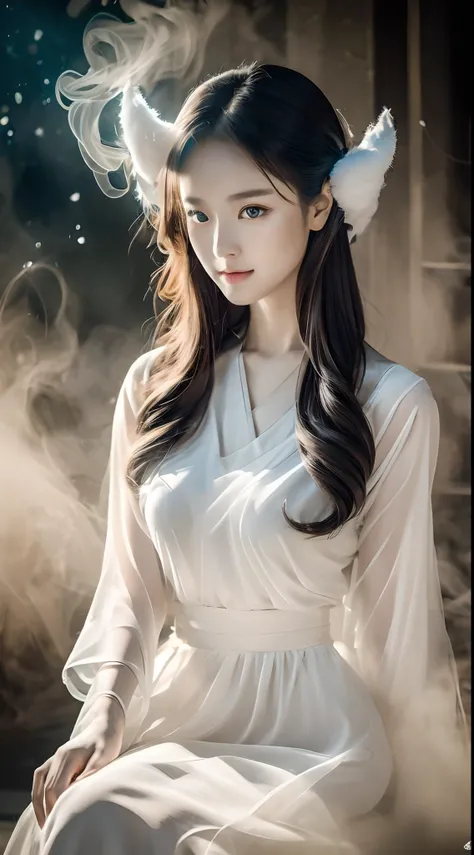 (Best quality,4K,8K,A high resolution,Masterpiece:1.2),Ultra-detailed,(Realistic,Photorealistic,photo-realistic:1.37),Gorgeous,Beautiful,Long golden hair, The goddess in a white dress sits on the steps, 浴室,Sexy girl,Illustration style：Kim Masaichi Kwang, J...