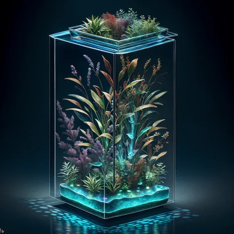 masterpiece of glass sculpture with plants inside, water, glowing, fantasy, high quality, high detail, best quality, rtx, 4k, 8k,