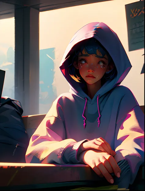 Girl with short hair with blue hair in a hoodie crying