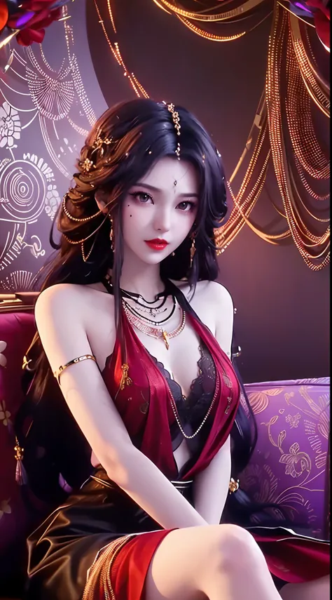 1 beautiful and sexy 20 year old girl, ((wearing a super thin red dress:1.6)), dress with diamonds, ((long purple-black hair:1.6)), bangs, elaborate jewelry made from stones noble and beautiful hair, ((wearing a black lace necklace:1.4))), noble, noble sty...