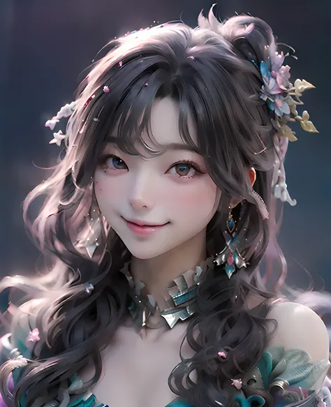 Dive into the depths of imagination with a stunning portrait of a cute smiling sea nymph, adorned with shimmering scales and cascading locks of seaweed hair, highly detailed, HD resolution