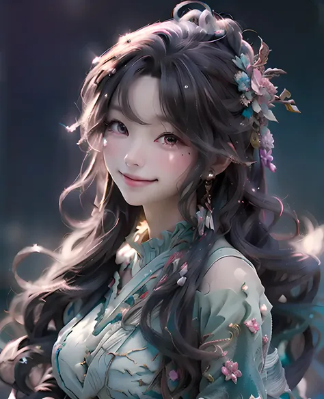 Dive into the depths of imagination with a stunning portrait of a cute smiling sea nymph, adorned with shimmering scales and cascading locks of seaweed hair, highly detailed, HD resolution