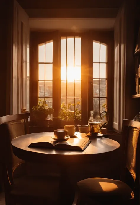 Peaceful morning in the city，The desk sits by the window，An open thick book lay in the middle of the table，Next to the book is a cup of tea，The sun shines on the book，You can see the rising sun through the window，Golden yellow tones，Very detailed，Perfect s...