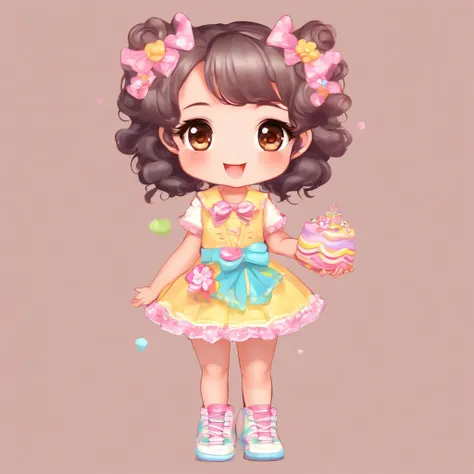 Cute, Chibi, Little baby girl, bright skin, Brown eyes, short black curly hair, Party dress in yellow pink and blue pastel color with candy design, White sneakers, Portrait, 3D Rendering, High quality, ( Plain background), (Perfect hands), (Full body), Fem...