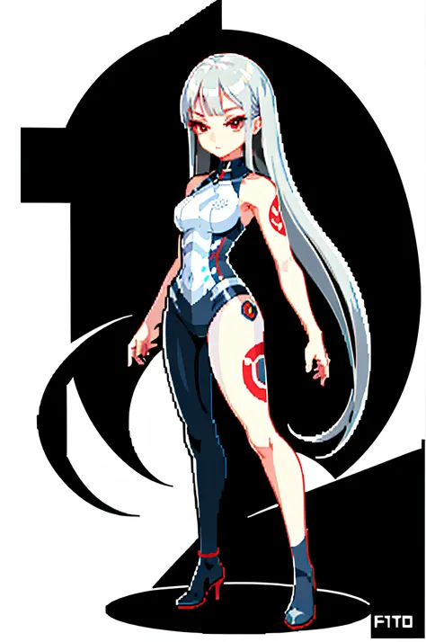 (masterpiece, top quality, best quality), pixel,pixel art,1girl,full body, 1 girl, Beautiful girl, Gaze, (Red eyes:1.5), Dull hair，hair loops，Half tied hair，(Beautiful detailed eyes:1.2), (Long flowing hair:1.2), (White hair:0.8), (Silver hair:1.5), (Wing-...