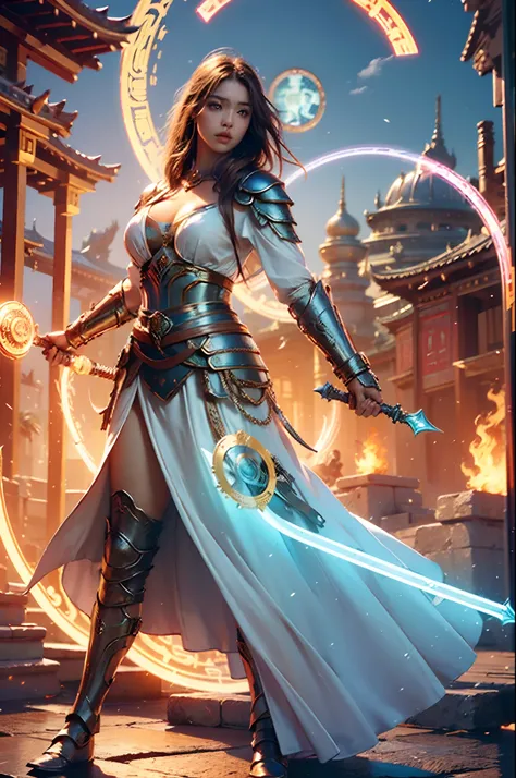 Best quality,masterpiece,ultra high res,(photorealistic:1.4),full body shot ,photorealistic portrait a woman paladin,weapon,shield,Detailed face, 1girl,solo,shield,weapon,cleavage,(magic circle:1.2),upper body,Beautiful girl,full body,east asian architectu...