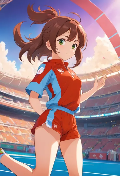 Sports girl，Starting position，Asian Games，Smudge，Faraway view，super-fine，ultra - detailed，high qulity，8K ，oc rendered，dynamic viewing angle