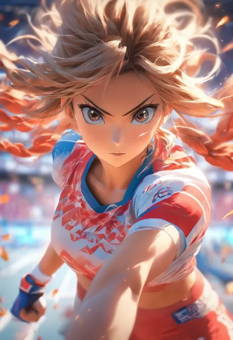 Sports girl，Starting position，Asian Games，Smudge，Faraway view，super-fine，ultra - detailed，high qulity，8K ，oc rendered，dynamic viewing angle