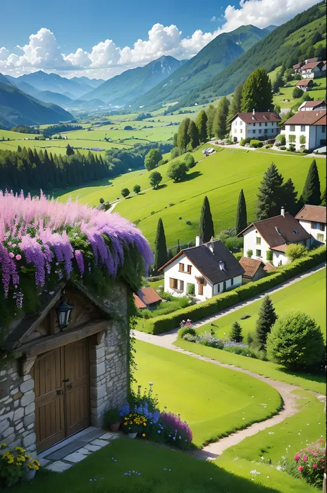 Peaceful and idyllic countryside, Rolling green hills dotted with grazing sheep, Charming villa，Set amidst vibrant flowers, Clear blue sky overhead, Evokes a sense of peace and simplicity, Valle encantador, switzerland, patches of green fields, lush countr...