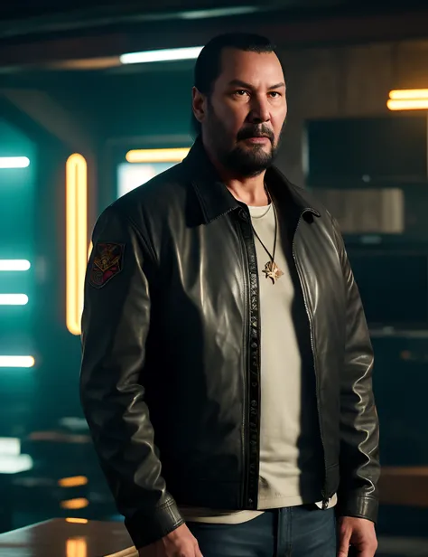 arafed man with a beard and a jacket standing in a room, tv show still, profile shot, wearing jacket, about 3 5 years old, steven seagal, wearing cyberpunk 2 0 7 7 jacket, navid negahban, keanu reeves, with a full black beard, jacket, candid portrait, wear...