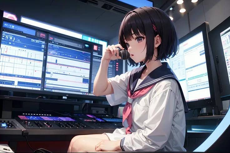 Mans daughter、a sailor suit、broadcast room、mixer、microphone、hime-cut、short-hair、A dark-haired