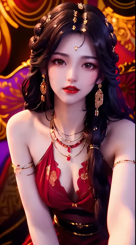 1 beautiful and sexy 20 year old girl, ((wearing a super thin red dress:1.6)), dress with diamonds, ((long purple-black hair:1.6)), bangs, elaborate jewelry made from stones noble and beautiful hair, ((wearing a black lace necklace:1.4))), noble, noble sty...