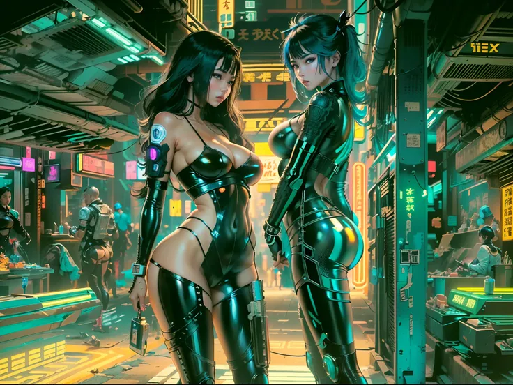 (Beautiful Asian identical twin cyberpunk girls (holding each other)), cowboy shot, ((ultra detailed neon cyberpunk futuristic city )), black long shapeless hair, detailed and intricate ((cyberpunk city streets background)), featuring high-tech holographic...