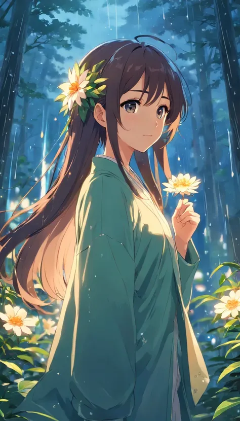 anime girl with long hair and flower in her hair, Beautiful anime artwork, style of anime4 K, Anime art wallpaper 4k,rainy days，janelas，the woods，rain drops