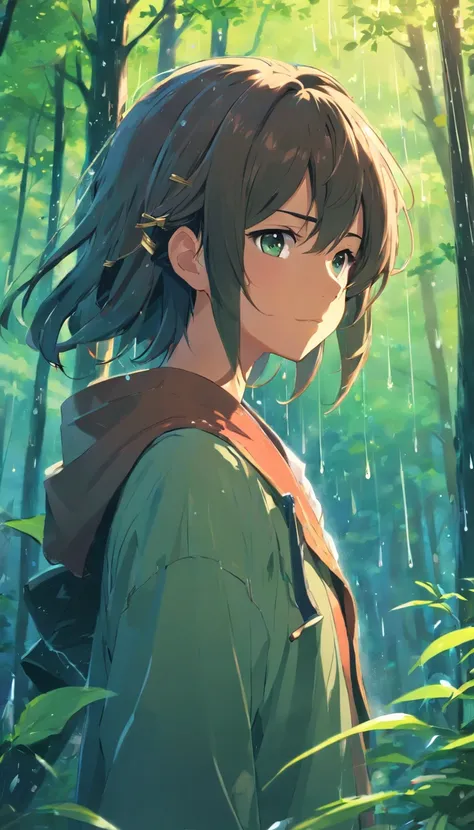 anime boy with long hair and hairpin, Beautiful anime artwork, style of anime4 K, Anime art wallpaper 4k,rainy days, the woods，rain drops