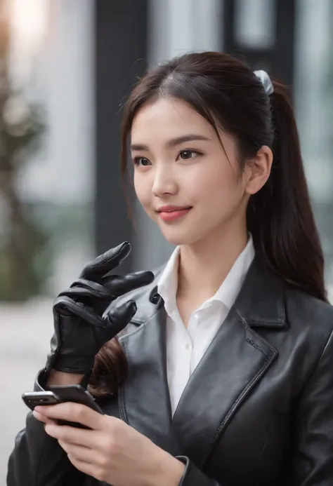 lack leather gloves in both hands, blazer and ribbon uniform, black hair ponytail, upper body, conversation with a smile with a black smartphone, cute Japanese girl (black leather gloves covering both hands) traveling alone