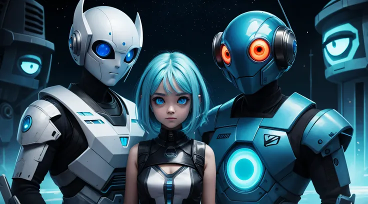 sci-fi，It depicts a young couple wearing colored sclera and light blue and a huge alien big cute with robot eyes