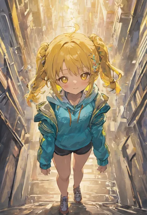 yellow eyes、Girls have shortcuts outside splashing，There are braids above the ears、Brown hair、Blue ribbon、Wear a Y-shirt、Thin ribbon at chest,、blackboards、Female protagonist、Parka