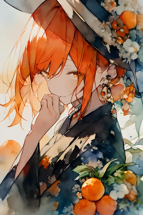 (watercolor paiting:1.2),1girl in, 独奏, florals, marigold、Marigolds with pi oranges、portraitures, Sateen、bangss, signed, Black and orange hair, length hair, Hair between orange eyes, Orange earrings、