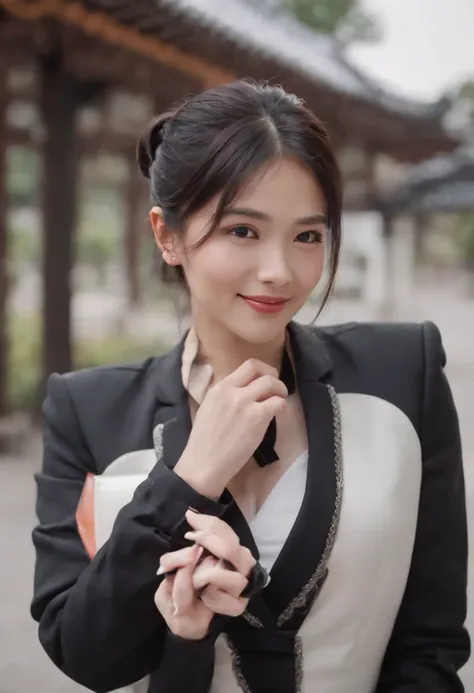 lack leather gloves in both hands, blazer and ribbon uniform, black hair ponytail, upper body, conversation with a smile with a black smartphone, cute Japanese girl (black leather gloves covering both hands) traveling alone