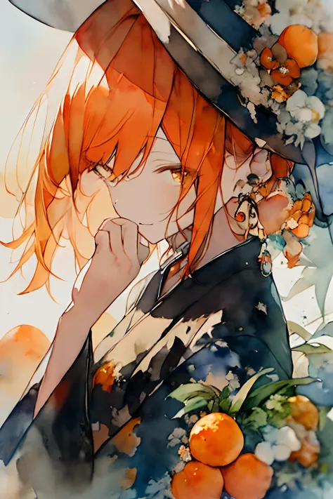 (watercolor paiting:1.2),1girl in, 独奏, florals, marigold、Marigolds with pi oranges、portraitures, Sateen、bangss, signed, Black and orange hair, length hair, Hair between orange eyes, Orange earrings、