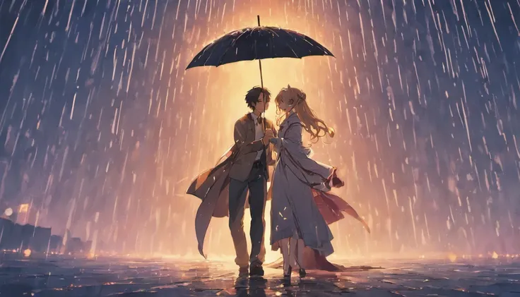 The male protagonist knelt in the rain and begged the female protagonist to go back，The heroine held an umbrella and handed him a wedding invitation。