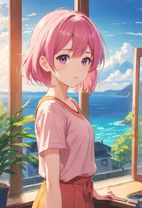 Create illustrations that represent captivating 2D anime scenes: A 4 year old girl with pink hair, Coastal view, Stand in front of the window of his house. Through the window, She observed an incredible landscape，Several people demonstrated superpowers. Ma...