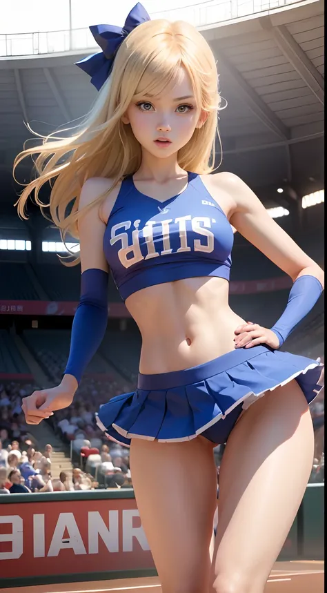 1girl in、Top image quality、Young Adult Women、hposing Gravure Idol、A slender、a blond、blue eyes、Baseball Stadium Spectator Seats、cheerleaders、sneakers、A slender、realisticlying、ren、Correctly depict the structure of the human body、Anatomically correct depictio...