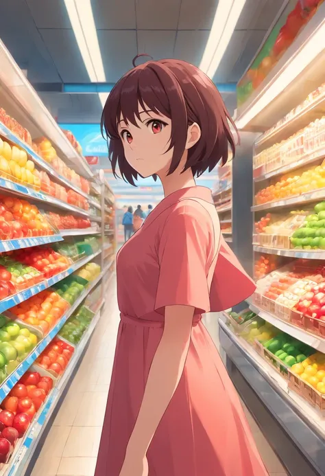 jovem mulher,loira,cabelos amarados,olhos azuis,vestido vermelho,supermercado,Buying Apples,sorrindo,usando batom rosa,HDR,Full HD,Cinematic,imagem detalhada