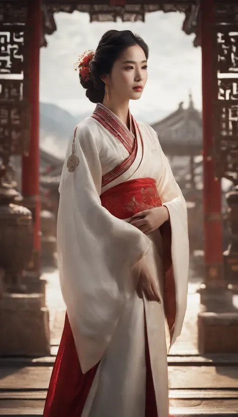 A girl wearing a Chinese white Taoist robe held up a red couplet, surrounded by many red couplets, all hanging in the air and filled with Chinese characters. Full of tension, anime aesthetic style, UHD, traditional clothing, rich details, fantasy, 8k, exqu...