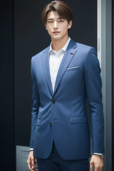 20-year-old refreshingly handsome new employee、　（Super cool S-class guy in a suit）、　Japan boys at 20 years old、　businessman、　Ultra-luxury suits、　Striped suit、　s Office、　Stand in a suitＳYoung handsome man、　Full body photo、　（Highly detailed photos of CG Unit...