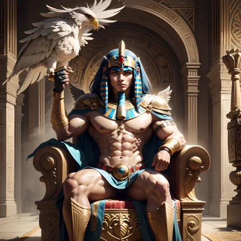 god Horus sitting on a throne in Egypt inside a palace,  with muscular physique, Egyptian armor,imponente,with eagle mask, estilo anime, olhando para a frente --auto --s2