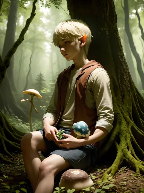 one boy, 16 year old, Forest Gnome, sitting under a tree in a forest, holding a mushroom in one hand, white skin, blonde hair, elf ears, a bagpipe alongside him