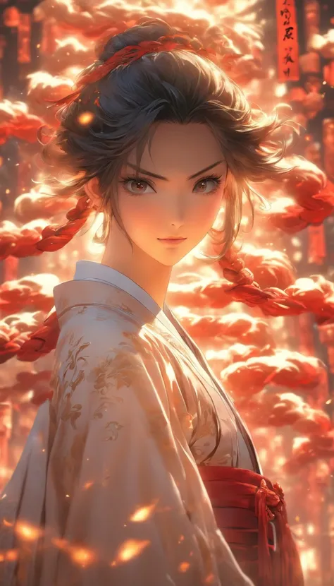 A girl in a white robe holds a red couplet, Surrounded by many red couplets, All hanging in the air，Filled with Chinese characters. Full of tension, Anime aesthetic style, hyper HD, Traditional clothing, rich details​, fantasy, 8K, elaborate faces, Beautif...