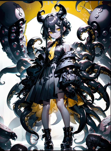 A girl wearing a gothic dress. she is in a black dress. One of her hands has become a scorpions pincers. Scorpions tail. Silver hair. eye patch. Eyepatch. One of her eyes is covered. mini skirt. black boots. Yellow eyes. Yellow crystal hair accessory. blac...