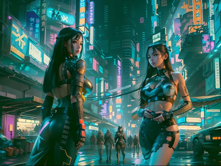 (Beautiful Asian identical twin cyberpunk girls together), cowboy shot, toned sexy bodies ,(big breasts:1.7), long shapeless hair, (shiny skin:1.4), shiny lips, ((symmetrical detailed face:1.7)), black long shapeless hair, ((ultra detailed neon cyberpunk f...