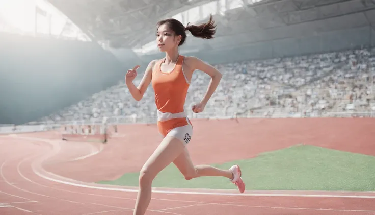 35mm humanistic lens，Sports girl，Starting position，running track，detailedbackground，Asian Games，Full body like，Smudge，Faraway view，super-fine，ultra - detailed，high qulity，8K ，oc rendered，dynamic viewing angle，Hyper Real，Ultra photo realsisim