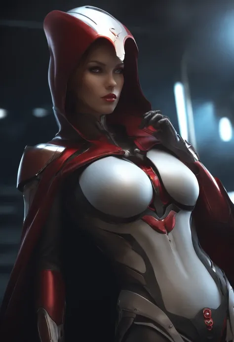 A cybernetic woman, Has the perfect sculptural whole body, Realistic, The stomach appears, (Large and perfect breasts), décolleté, 。.3D, A hood and cloak are worn on the head, The right eye has a red visor, Anime style 3D, Ultra photo realsisim, HD,