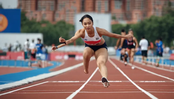 35mm humanistic lens，Sports girl，Starting position，running track，detailedbackground，Asian Games，Full body like，Smudge，Faraway view，super-fine，ultra - detailed，high qulity，8K ，oc rendered，dynamic viewing angle，Hyper Real，Ultra photo realsisim