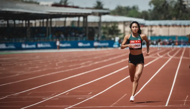 35mm humanistic lens，Sports girl，Starting position，running track，detailedbackground，Asian Games，Full body like，Smudge，Faraway view，super-fine，ultra - detailed，high qulity，8K ，oc rendered，dynamic viewing angle，Hyper Real，Ultra photo realsisim