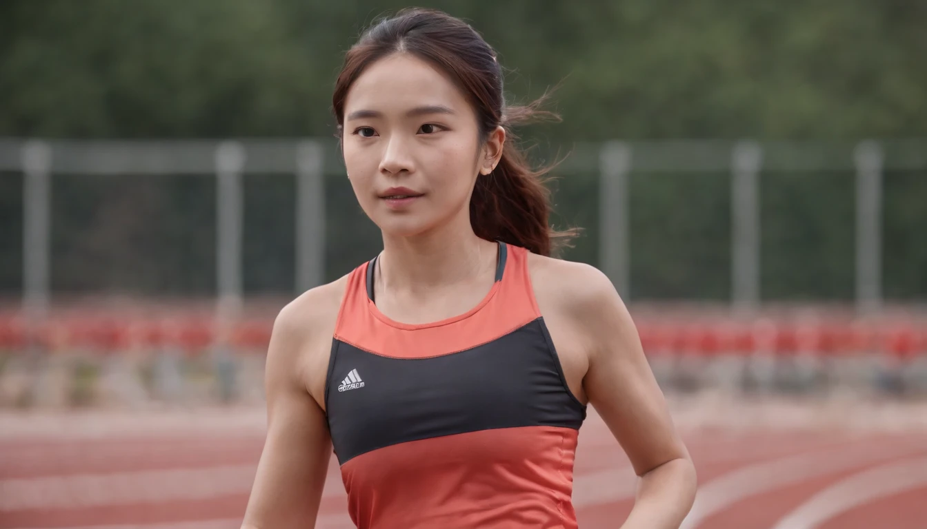 35mm humanistic lens，Sports girl，Starting position，running track，detailedbackground，Asian Games，Full body like，Smudge，Faraway view，super-fine，ultra - detailed，high qulity，8K ，oc rendered，dynamic viewing angle，Hyper Real，Ultra photo realsisim