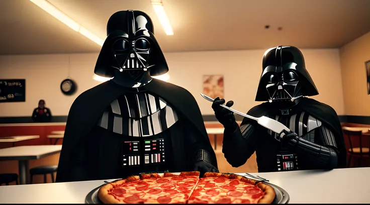 Darth Vader eating pepperoni pizza with a fork in one hand and a knife in the other hand, in a 1960s pizzeria