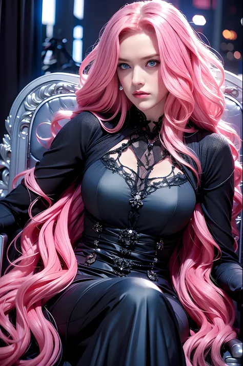 a woman, long curly hair, pink hair, blue eyes, Eleven, devilish, sitting on the throne, bright eyes, devilish, Dark, Dark clothes, sexy, angry, low-cut clothes, throne, sits