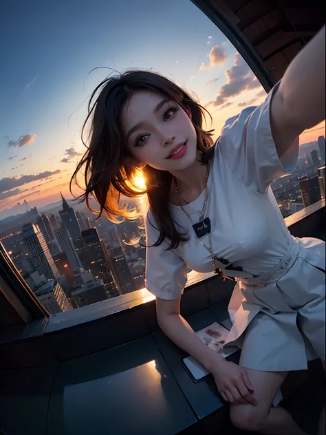 1girl, fisheye, selfie, wind, messy hair, sunset, cityscape, (aesthetics and atmosphere:1.2),smiling